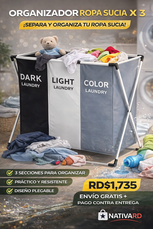 🧺✨ Cesta de Ropa Grande Plegable 3 Secciones – Organiza Tu Lavandería en Segundos