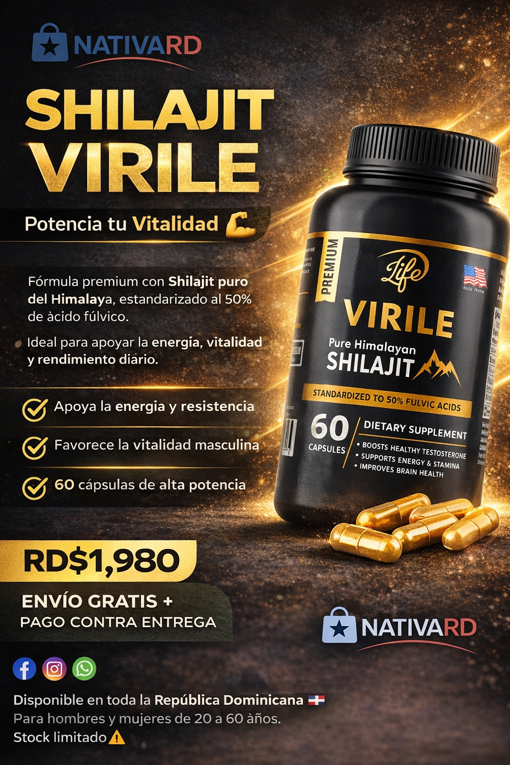🏔️ SHILAJIT VIRILE LIFE SUPPLEMENTS™ – 60 Cápsulas Energía • Vitalidad • Enfoque • Rendimiento Masculino ⚡💪