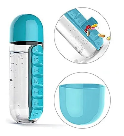 💧💊 PASTILLERO PORTÁTIL 2 EN 1 Botella de Agua + Organizador de Pastillas de 7 Días (20 oz)