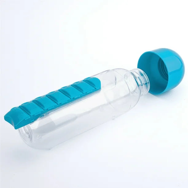 💧💊 PASTILLERO PORTÁTIL 2 EN 1 Botella de Agua + Organizador de Pastillas de 7 Días (20 oz)